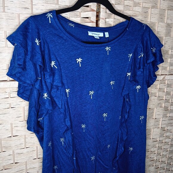 Chico's Foiled Flutter Sleeve Linen Tee Navy Palm Trees Embroidered NWT 12 14 - Picture 3 of 9